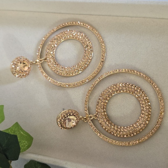 boutique Jewelry - Statement Gold with Champagne Rhinestones Double Hoop Earrings